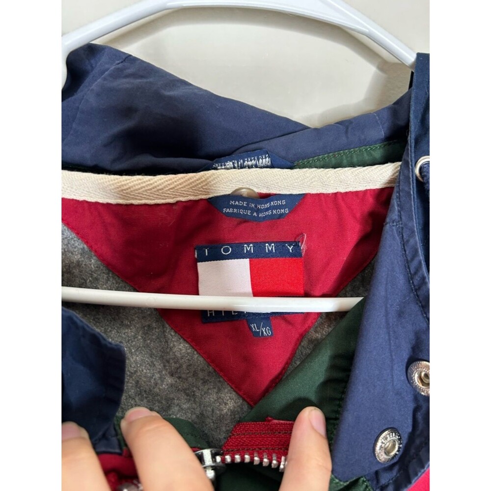 Vintage 90s 1990s Tommy Hilfiger Navy, Red Hooded wool lined rain Jacket XL - Picture 2 of 10